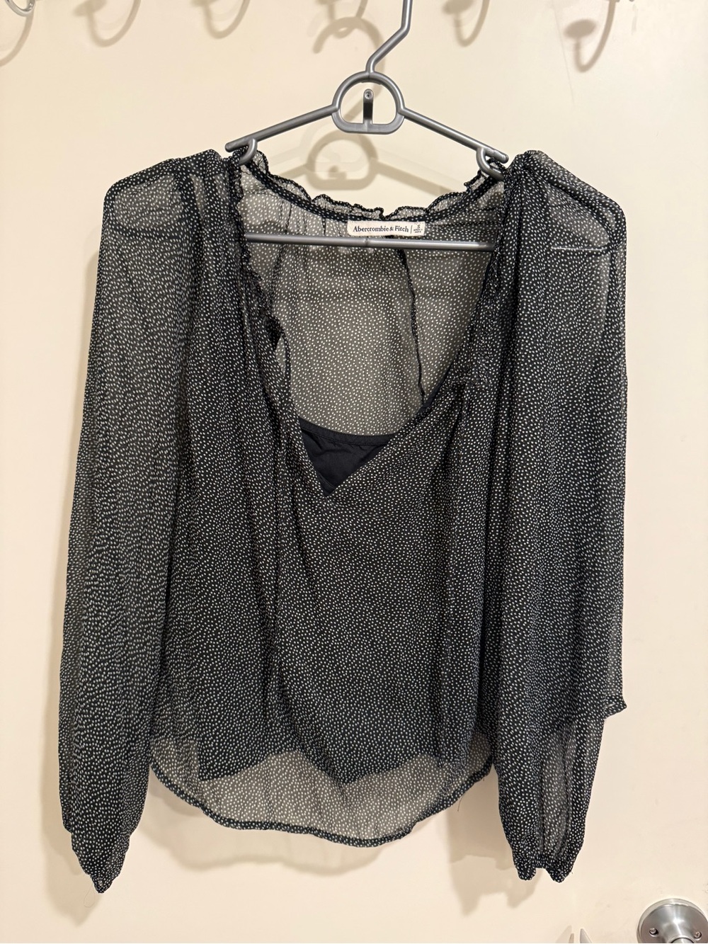 Abercrombie & Fitch Black Sheer Dot-Print Long Sleeve Blouse